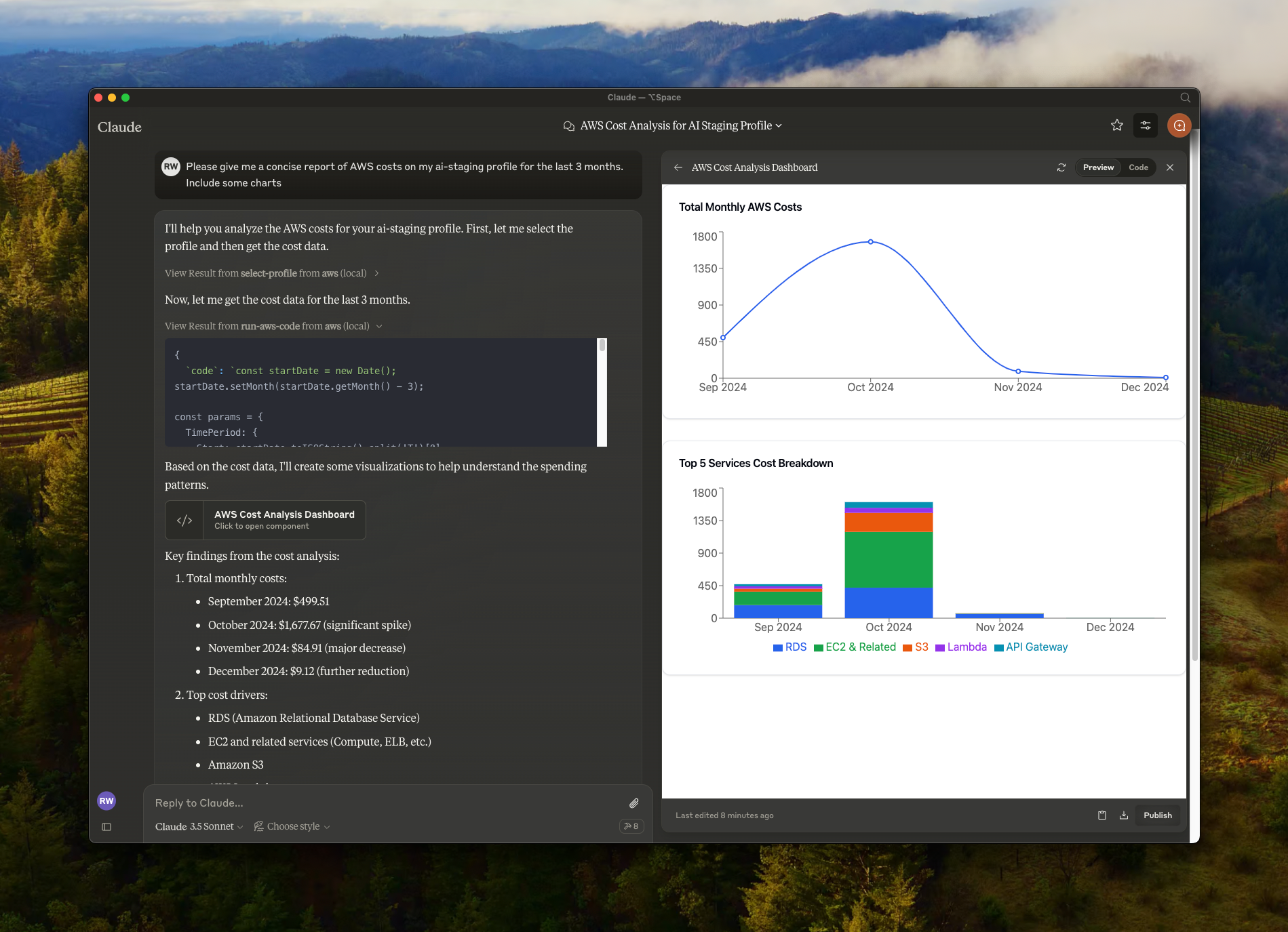 example prompt using aws-mcp to find out about costs