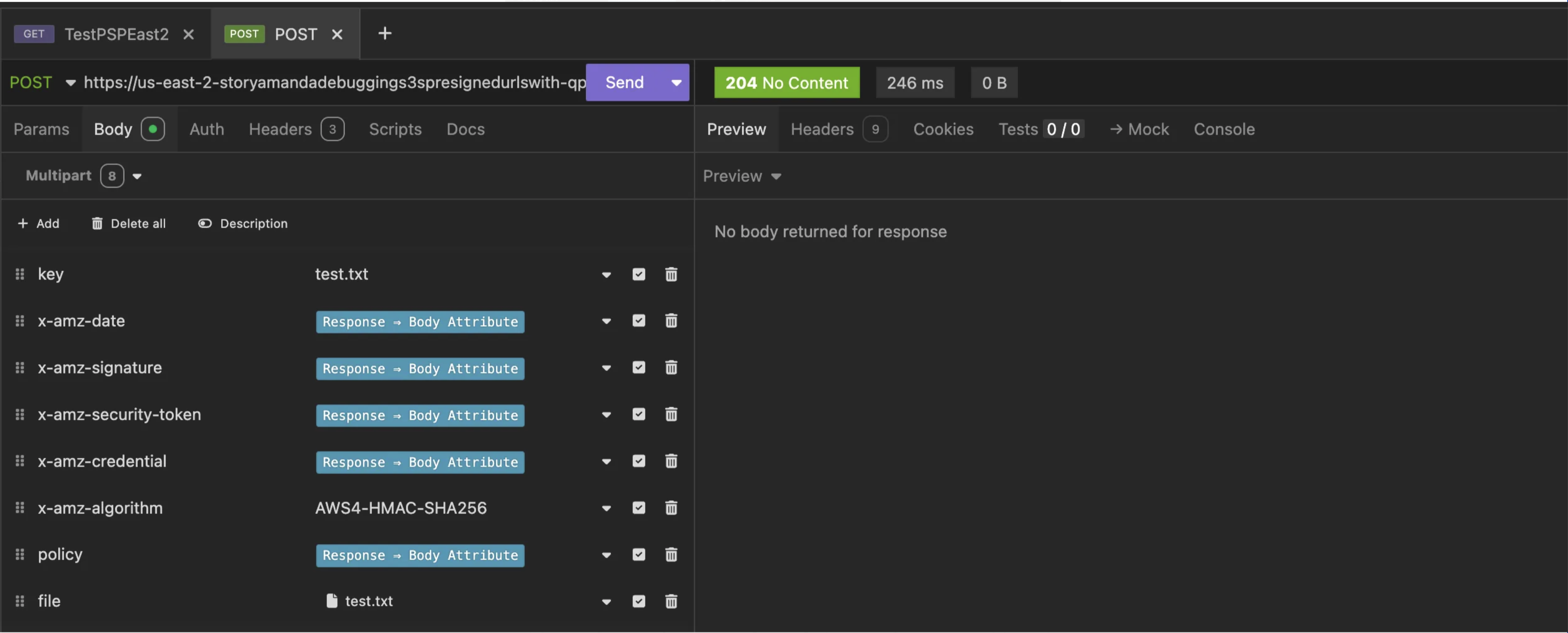 The same information sent in a different order results in a successful 204 response<br>
