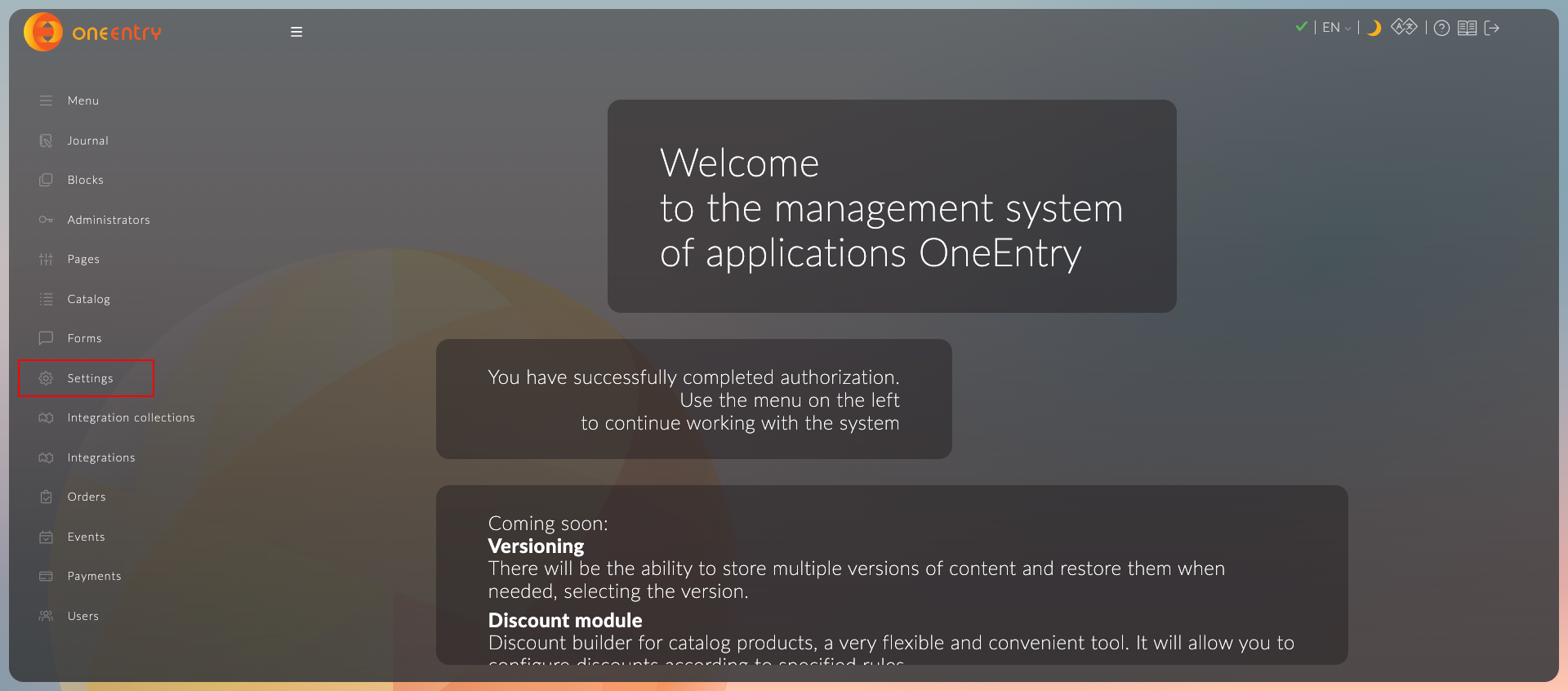 OneEntry Settings Click