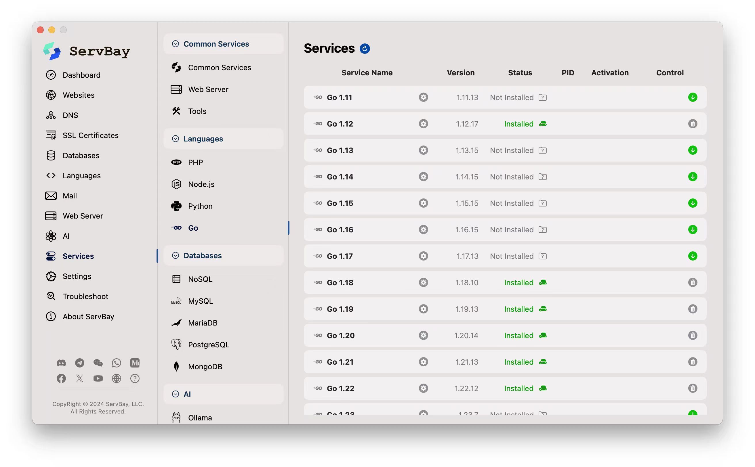 ServBay Go Installation Panel Screenshot