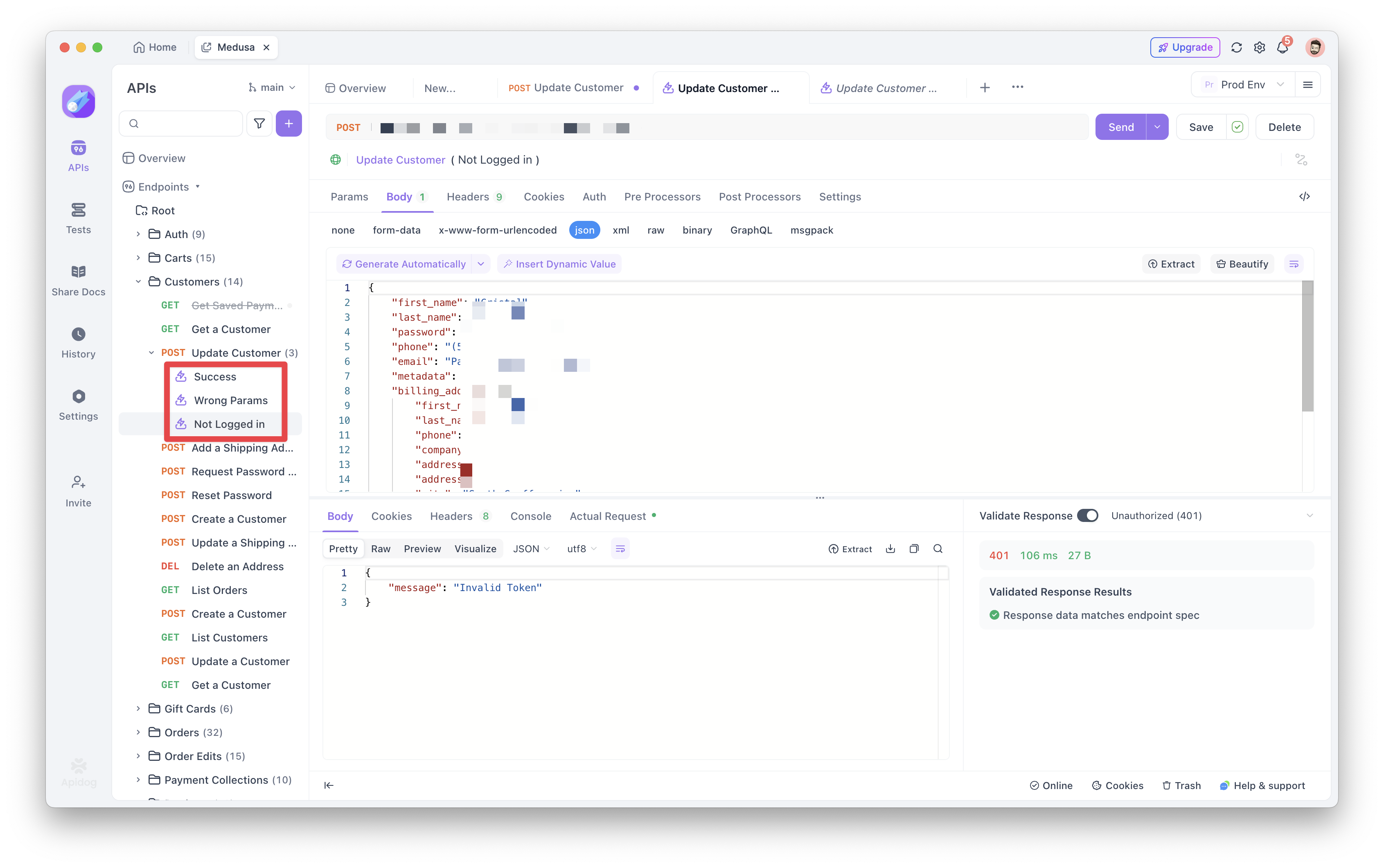 Save as test case under the related API
