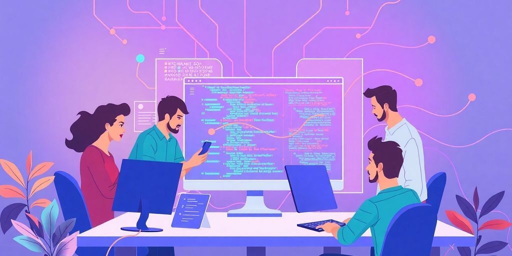 Team of developers collaborating in a modern workspace.