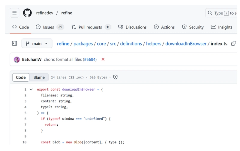 downloadInBrowser function in Refine source code.