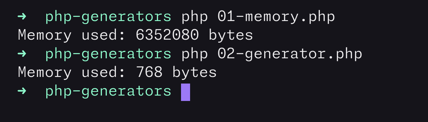 The output of running scripts without and with generators