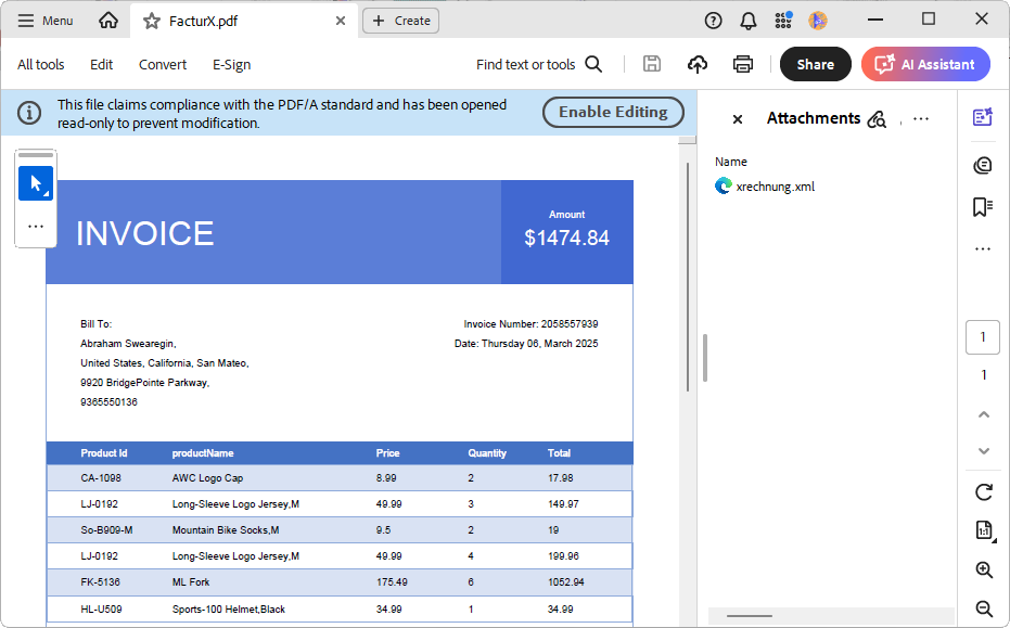 PDF invoice in ZUGFeRD 2.3.2 standard