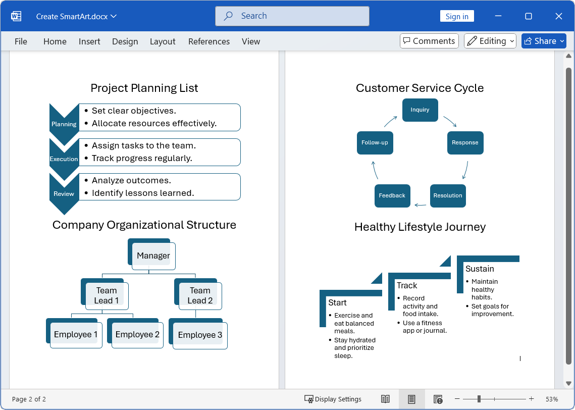 Adding SmartArt graphics to a Word document