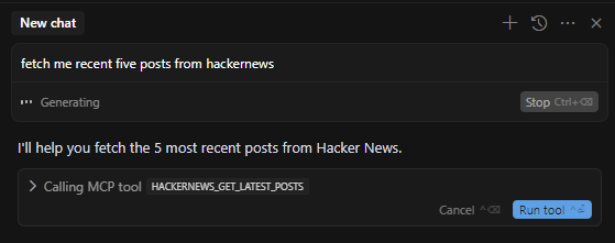 asking agent chat to fetch hackernews posts