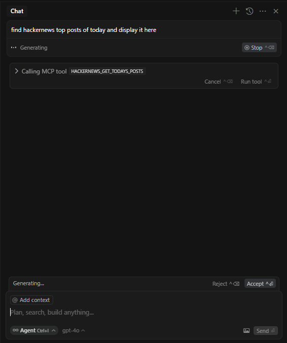 asking agent chat to fetch hackernews posts