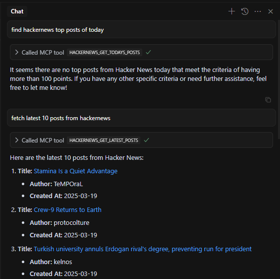 response using hackernews mcp server