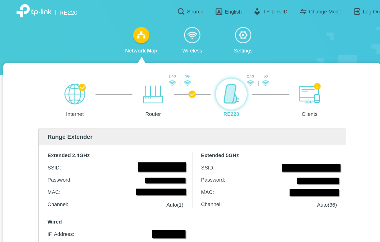 Screenshot of the configuration UI of the WiFi extender showing that it's connected to the SOHO router's WiFi network