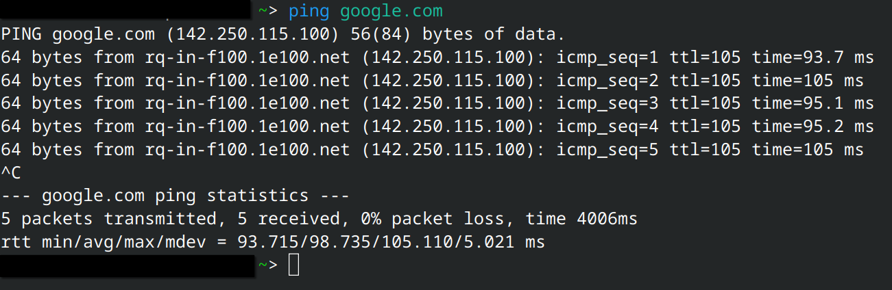 Terminal snippet of me running the ping command to google.com and getting replies back