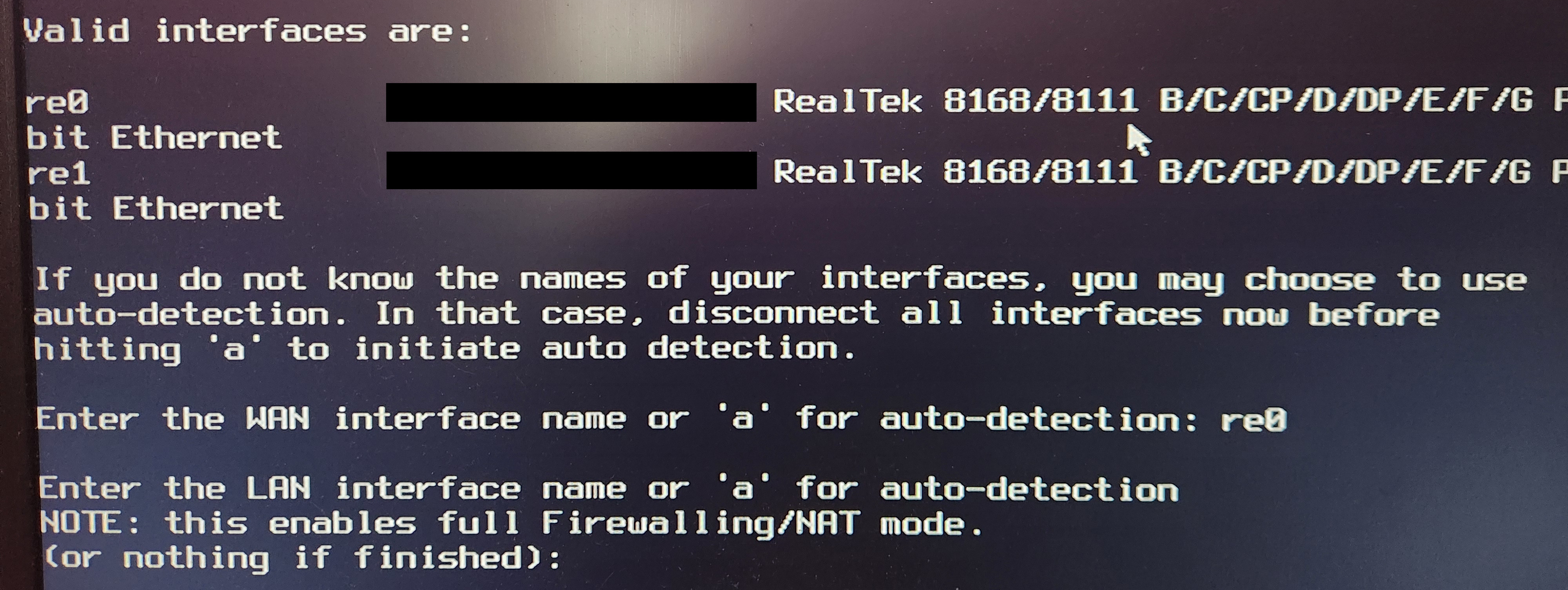 OPNsense CLI showing the available interfaces