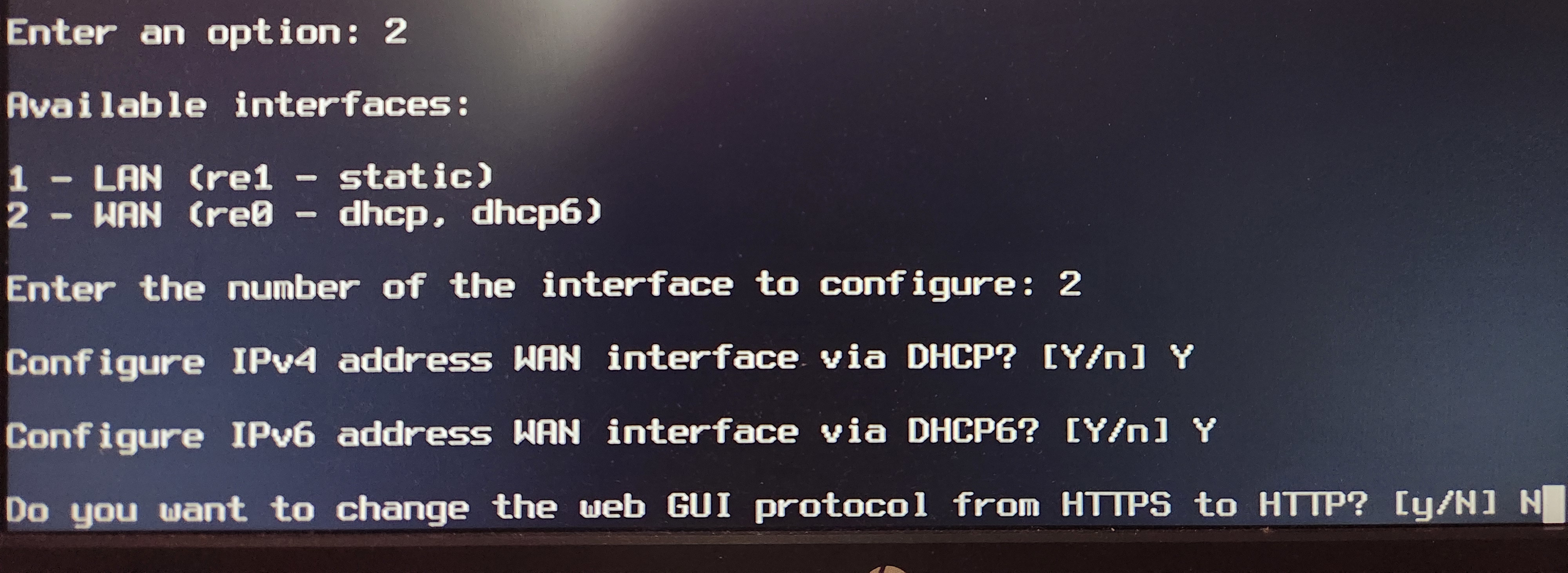 OPNsense CLI showing the command option to set WAN to DHCP