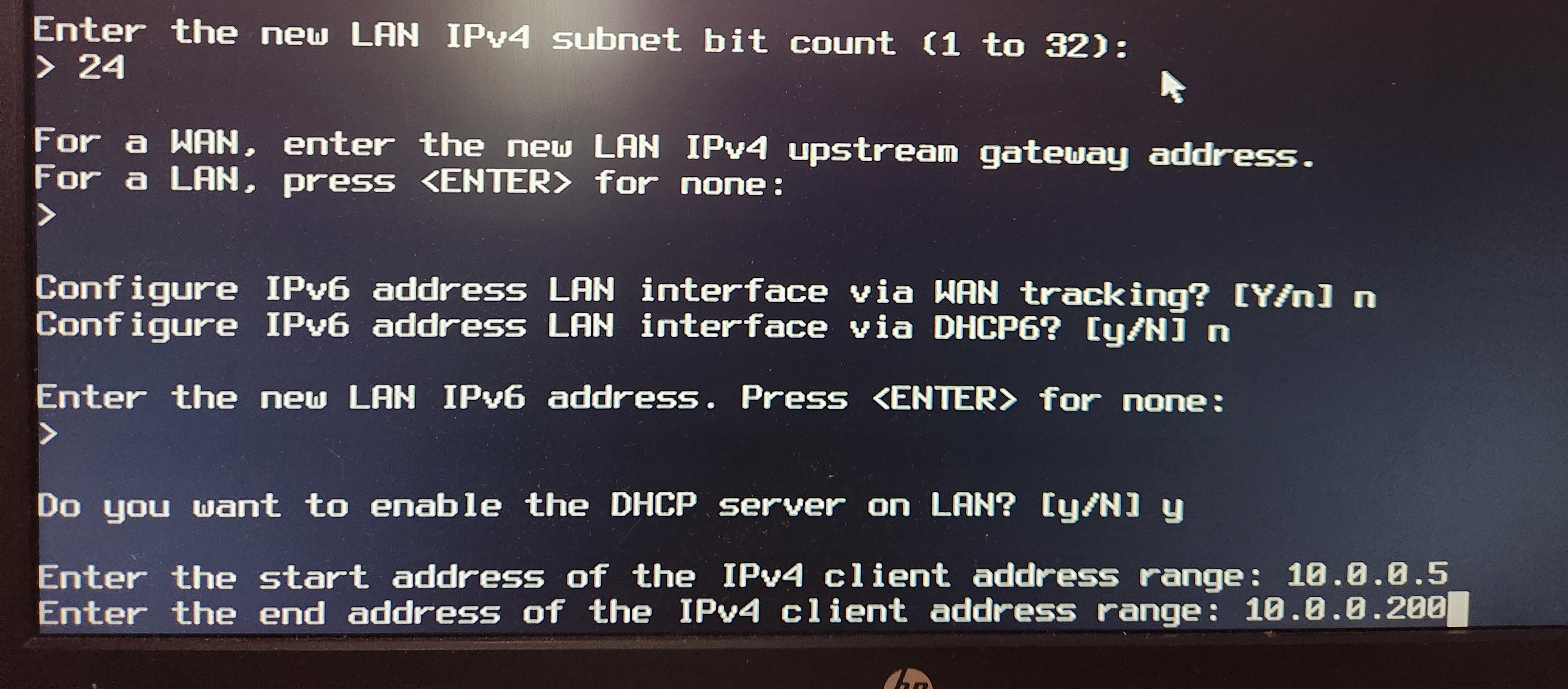 OPNsense CLI showing the DHCP server setting the range of client IP addresses