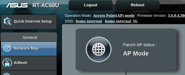 picture of the Asus router configuration interface showing it's in AP mode