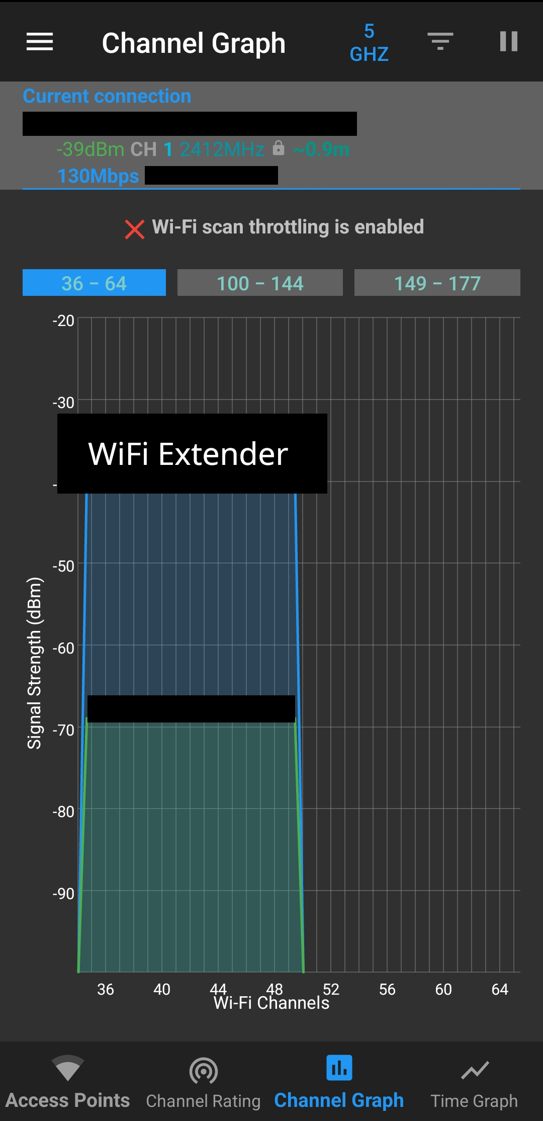 picture of the WiFi analyzer showing that the WiFi extender is running in a specific range on 5GHZ frequency