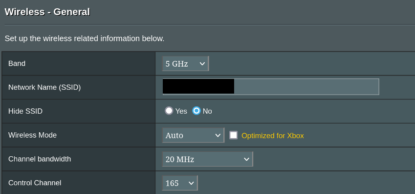 picture of the Asus router configuration interface showing that the interfaces are set to certain channels on 5GHZ frequency