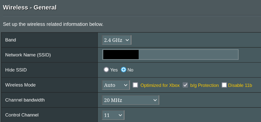 picture of the Asus router configuration interface showing that the interfaces are set to certain channels on 2.4GHZ frequency