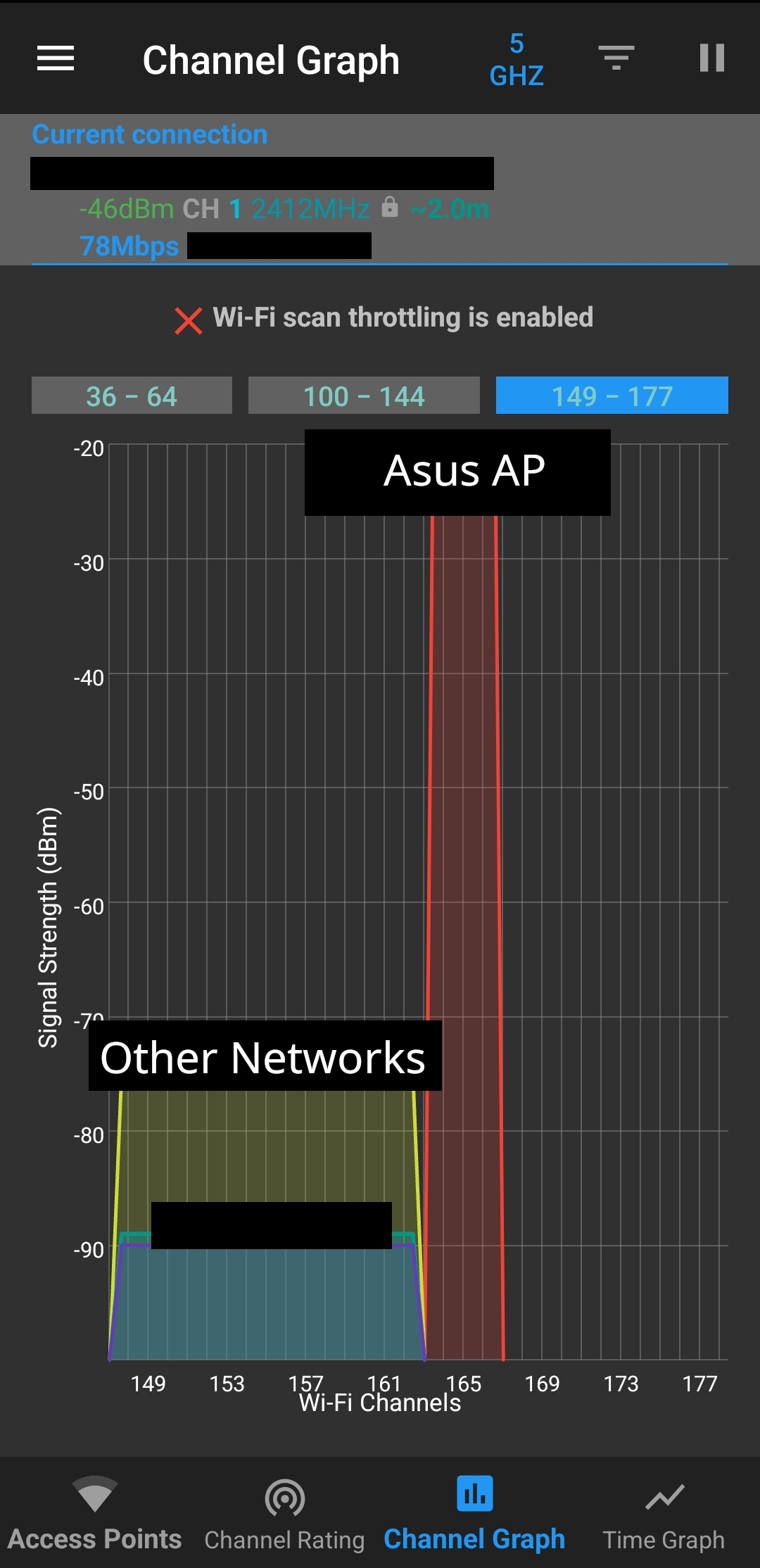 picture of WiFi analyzer showing that AP router is using a different channel than the WiFi EXTENDER on 5GHZ frequency