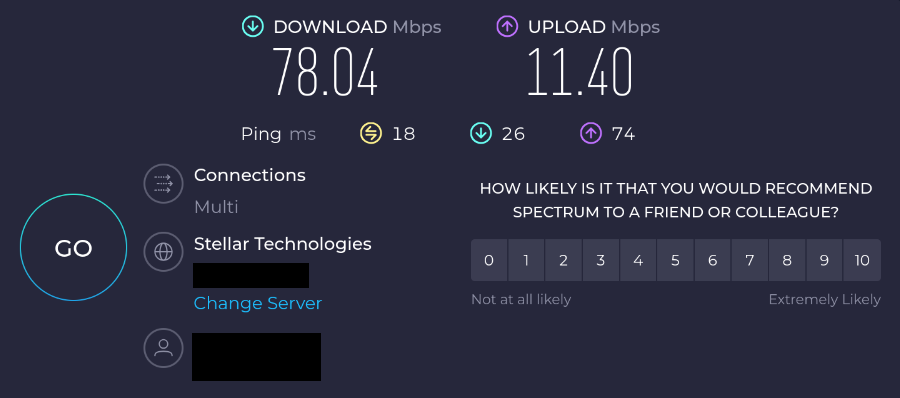 a picture of an internet speed test from a computer connected to the home network