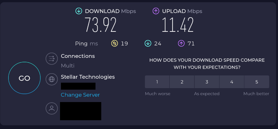 picture of a speed test from a device that is wired to the switch