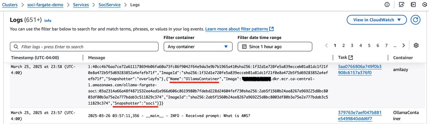 Sample output from amilazy sidecar container verifying soci