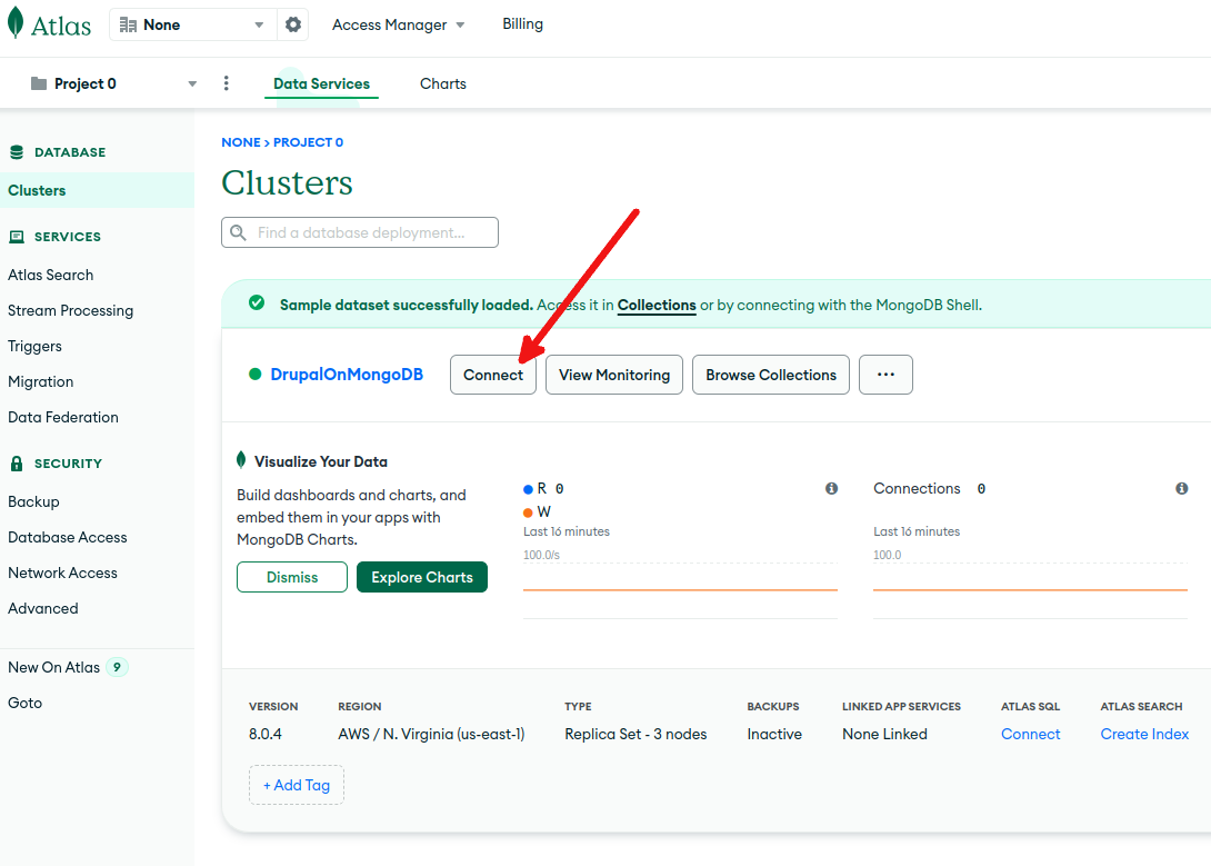 Atlas UI screenshot representing cluster being set up and running