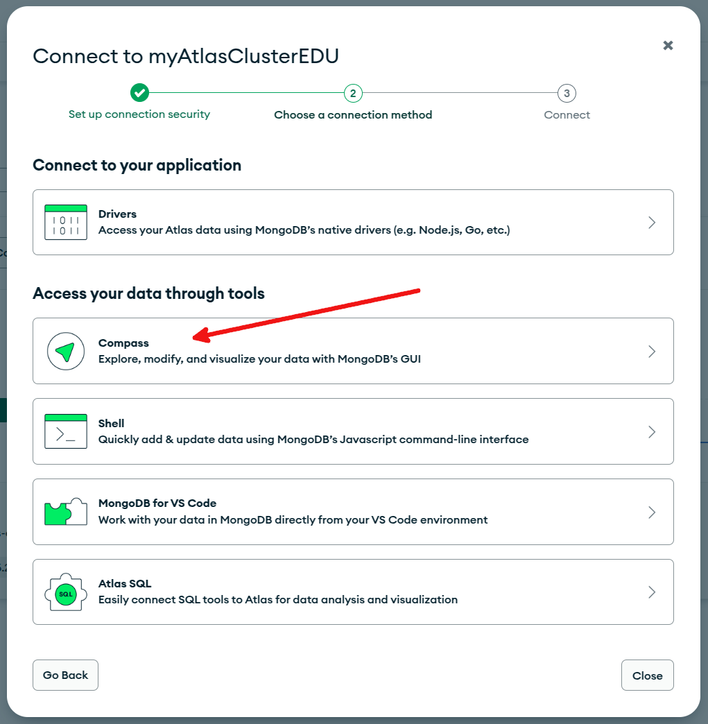 Atlas UI representing steps to get the Compass URI