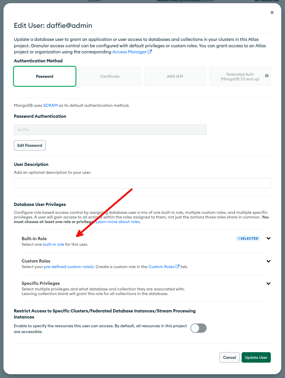 Atlas UI representing steps to add role for the user