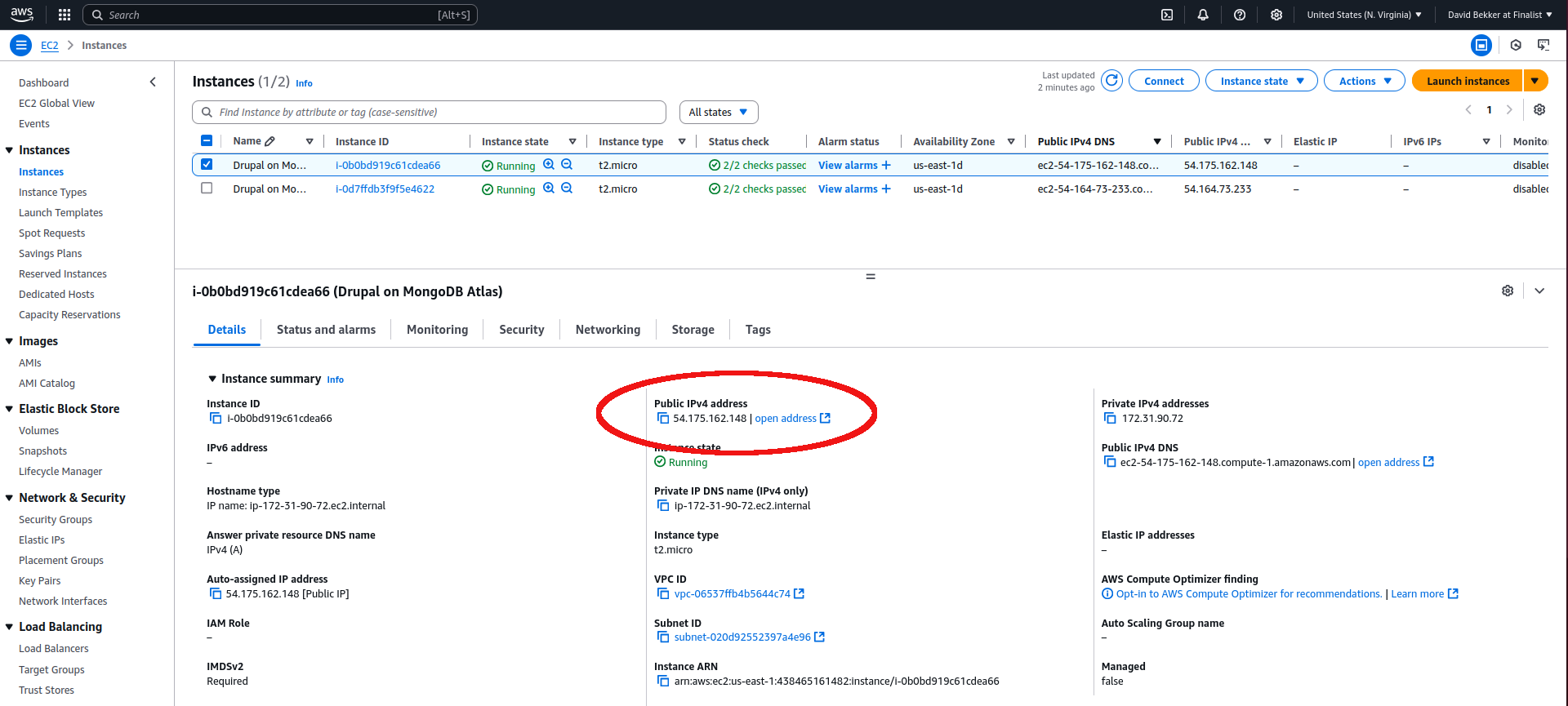 AWS UI representing steps to get the public IP to make the connection with MongoDB Atlas