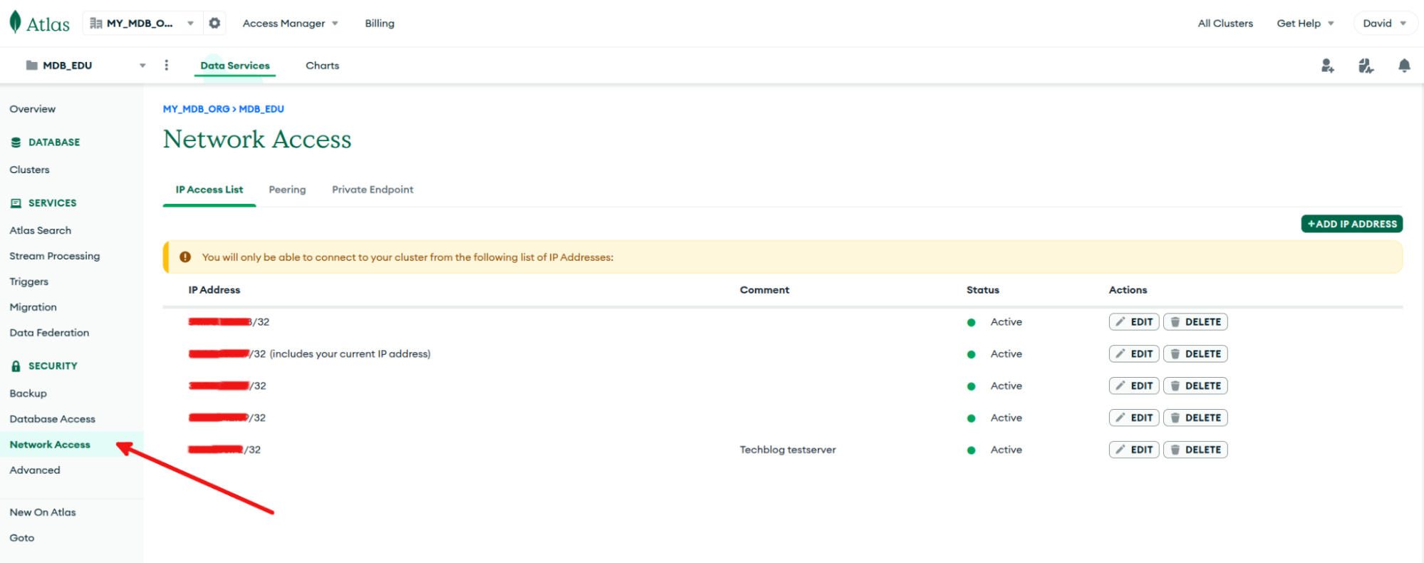 Atals UI to add the AWS IP address to make the connection 