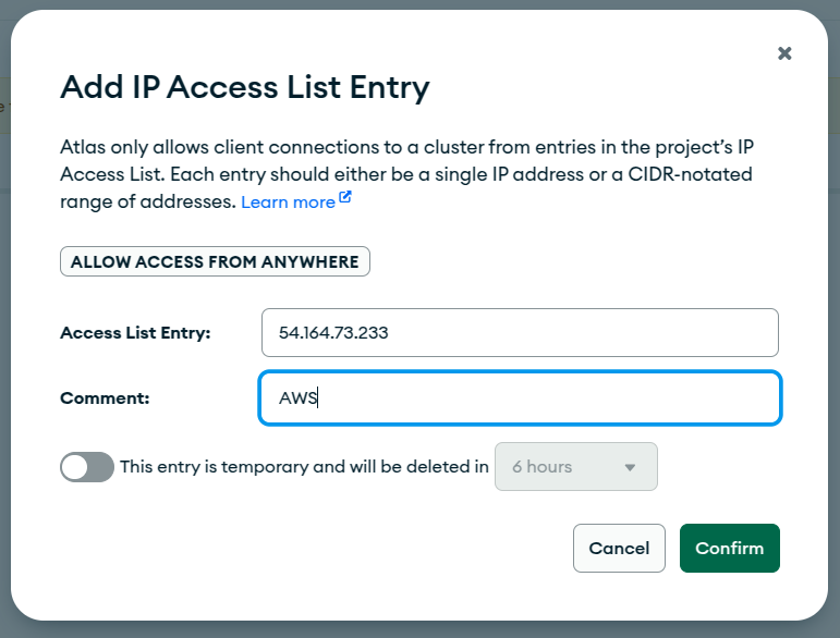Atals UI to add the AWS IP address to make the connection 
