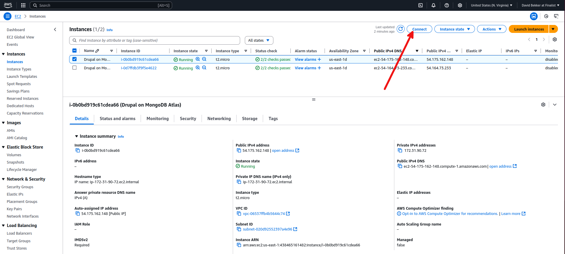 AWS UI screen representing steps to make the connection to the terminal screen 