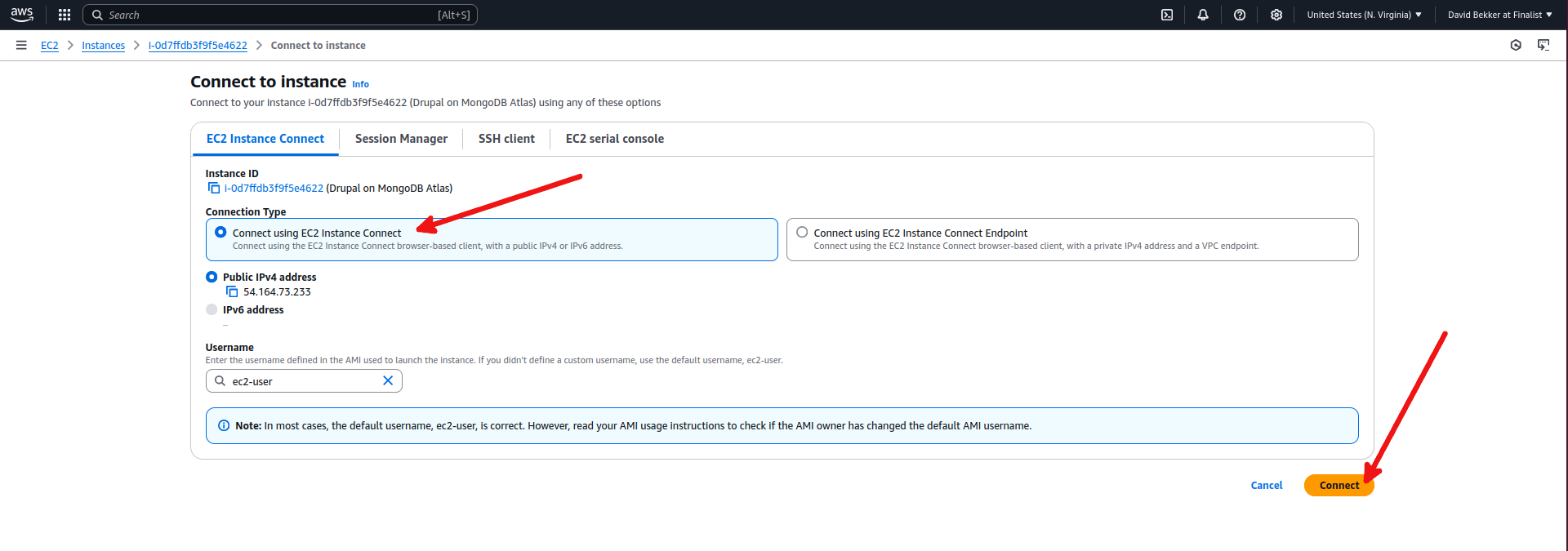 Steps on connecting to the EC2 instance terminal