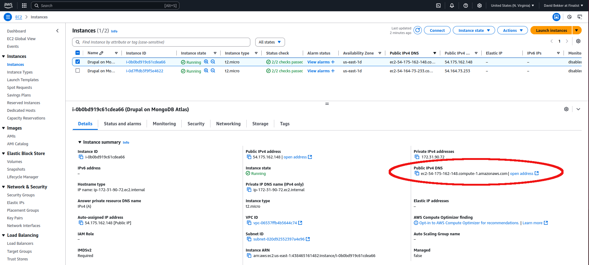 Screenshot from AWS UI screen representing steps to get the public IP address