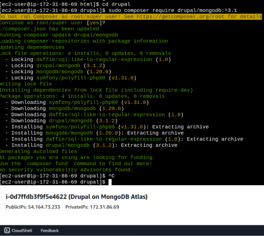 Terminal screens representing steps to install drupal code