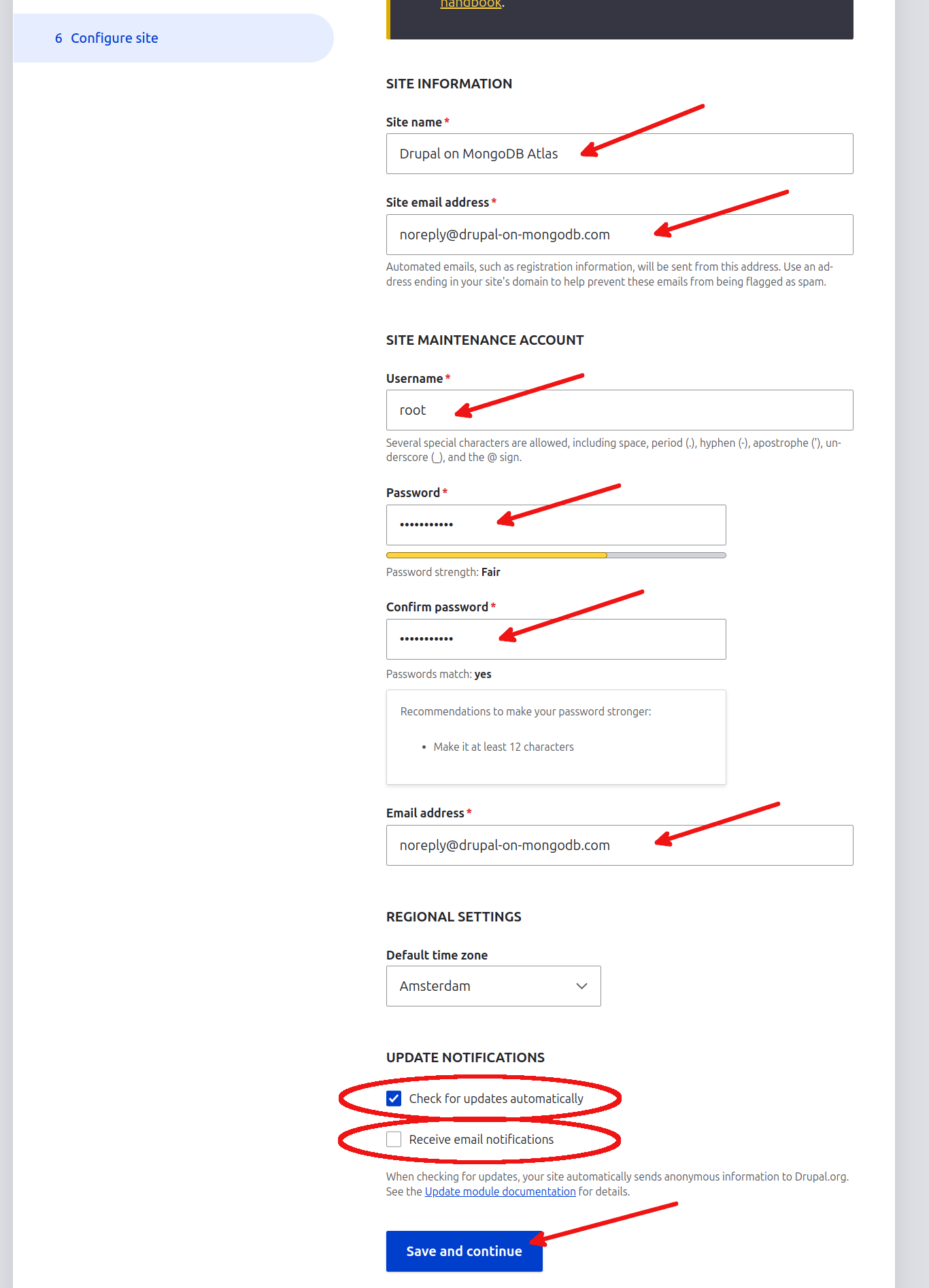 Screenshot representing the Drupal screen and steps of installation and configuring the site