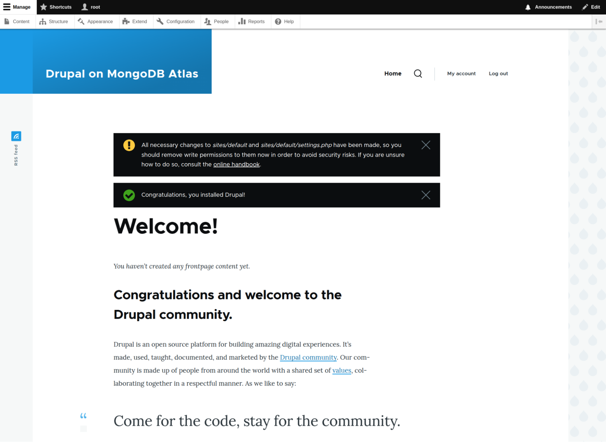 Screenshot representing the Drupal screen after being installed