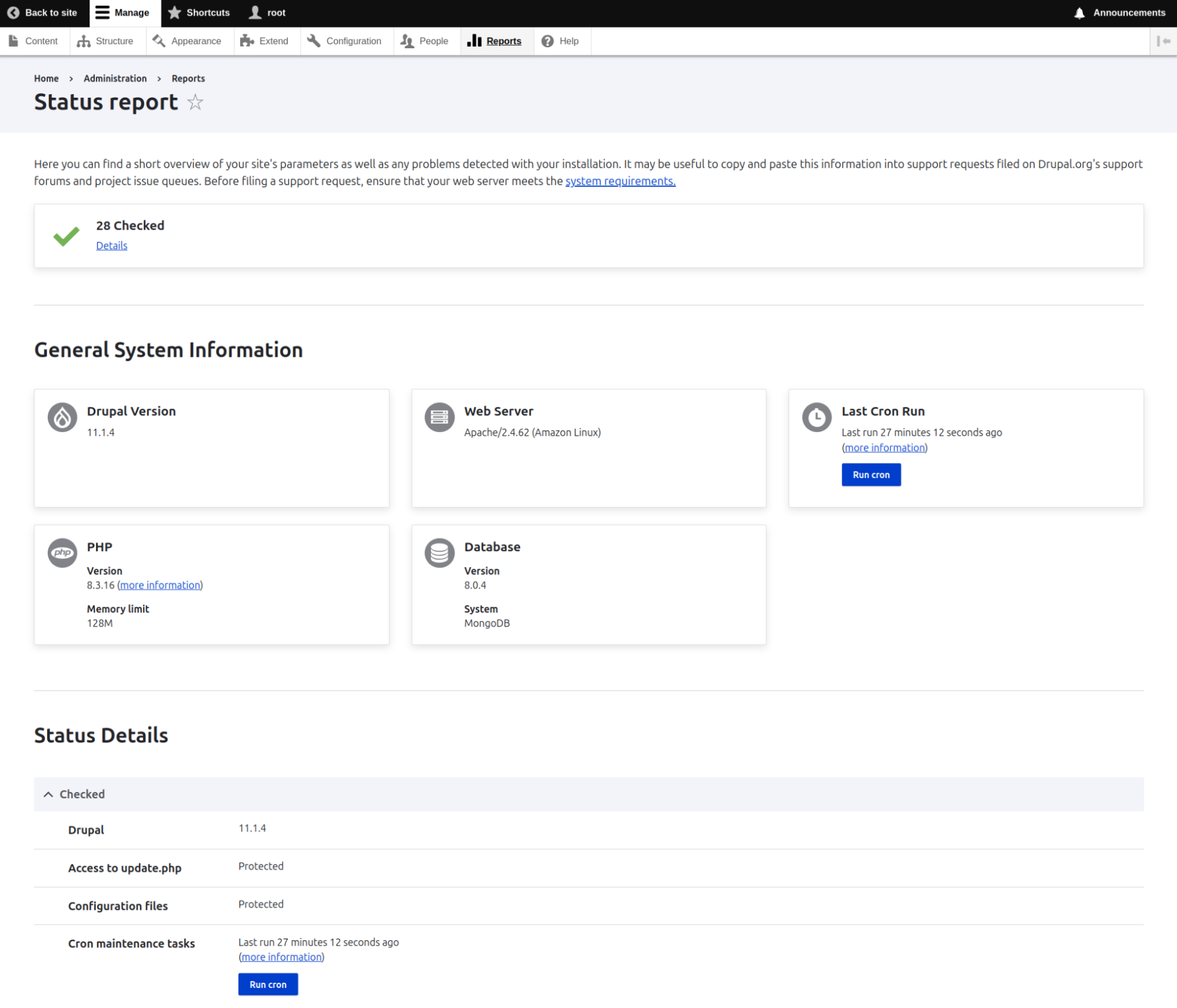 Screenshot representing the Drupal screen and checking the status report