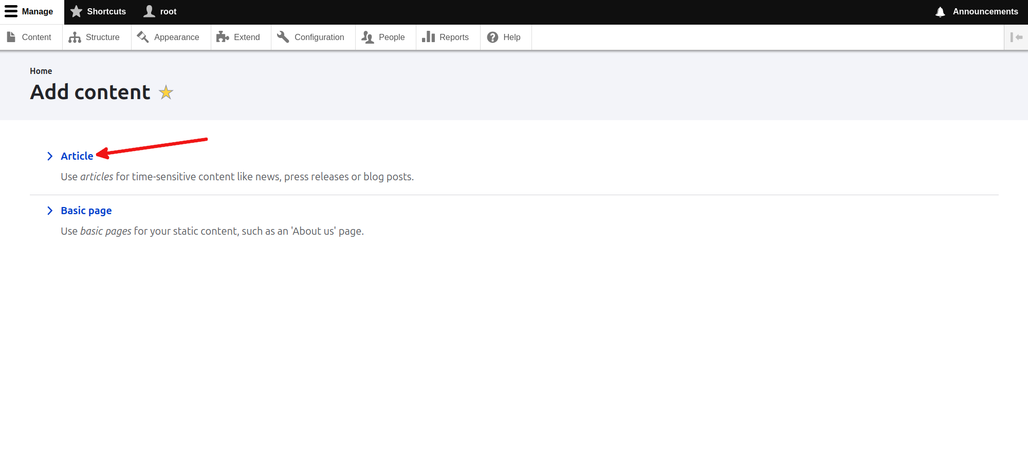 Screenshot representing the Drupal screen and creating a new content