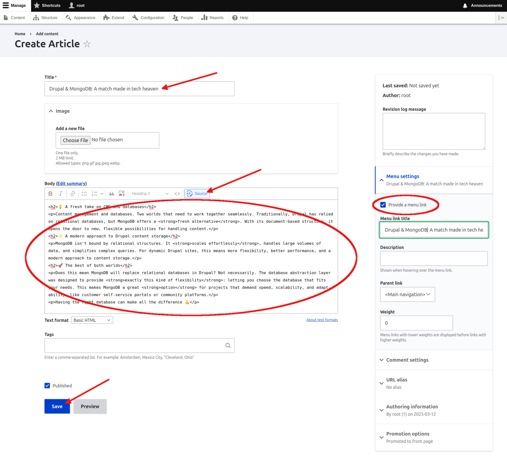 Screenshot representing the Drupal screen and steps to add new content