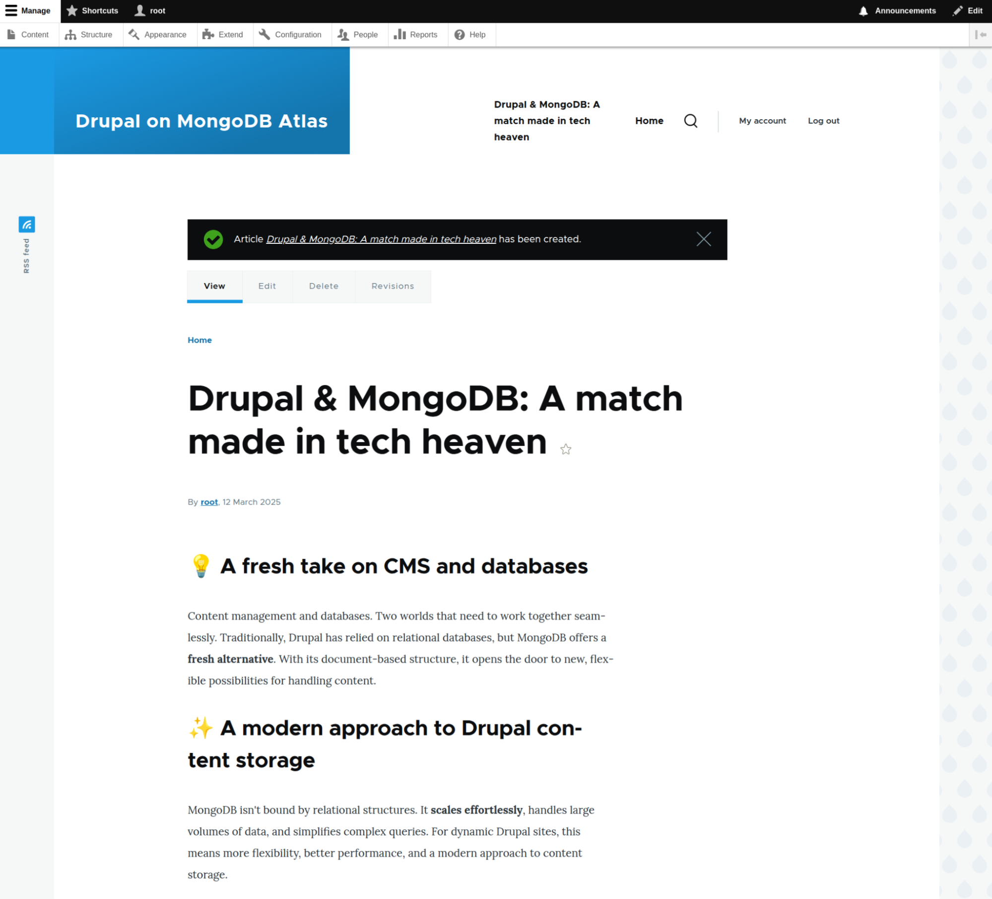 Screenshot representing the Drupal screen and new cretaed content been displayed