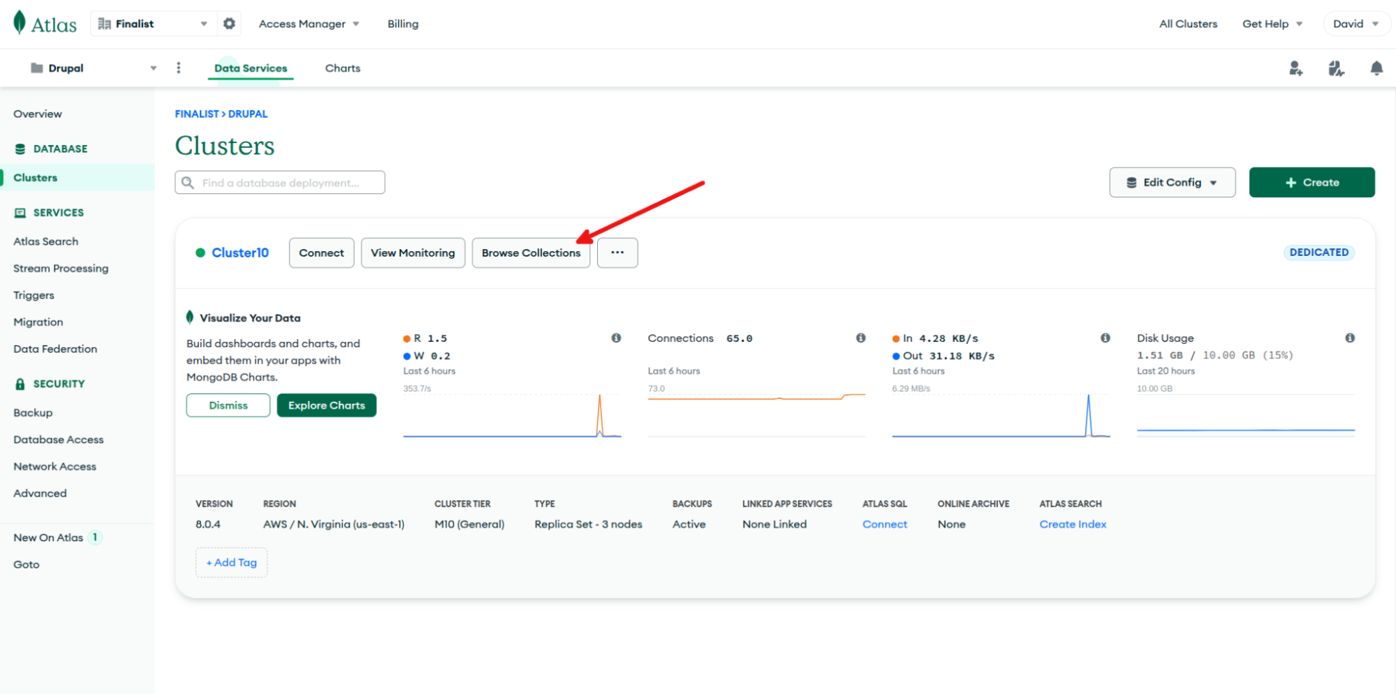 Screenshot representing the Atlas UI and validating that data has been added into the database 