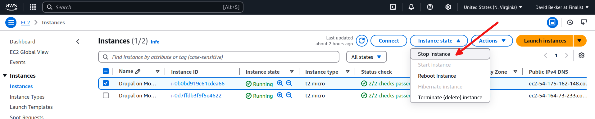 Screenshot representing steps to stop the EC2 instance after job is done