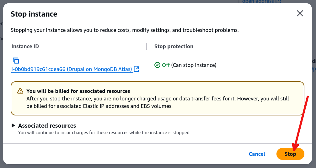 Screenshot representing steps to stop the EC2 instance after job is done