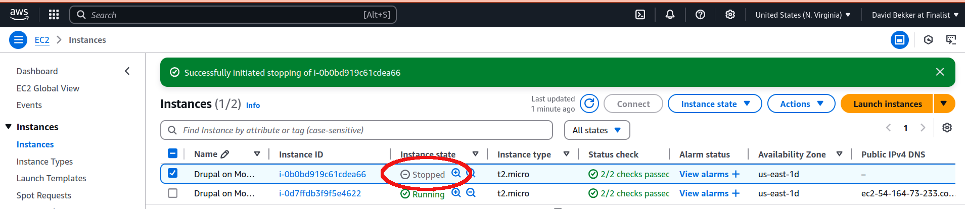 Screenshot representing steps to stop the EC2 instance after job is done