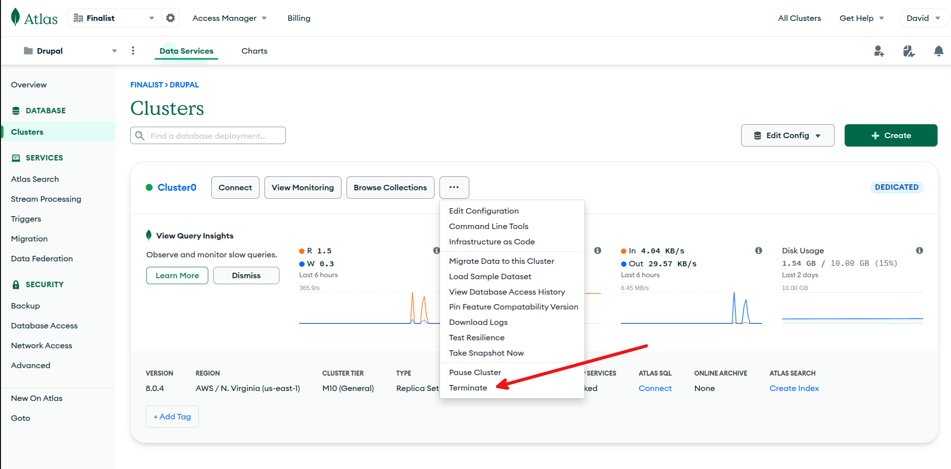 Screenshot representing steps to stop the Atlas cluster after job is done