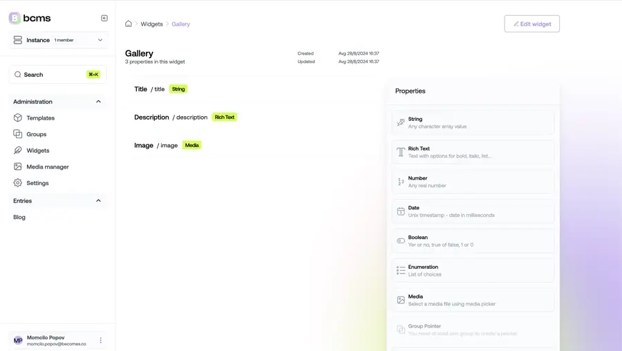 widgets in dashboard