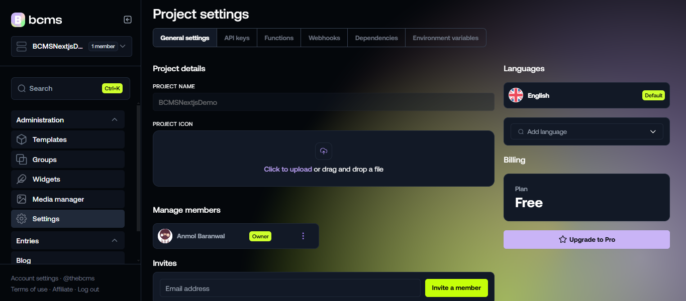 settings dashboard