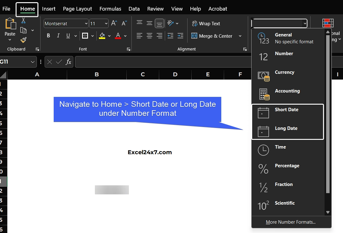 Navigate to Home and Date under Number Format